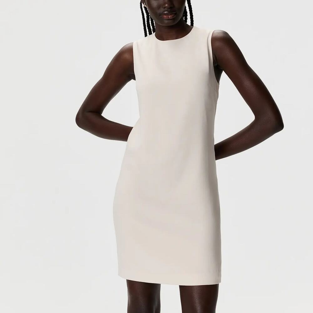 Quince Fluid Crepe Sleeveless Shift Dress in Sand